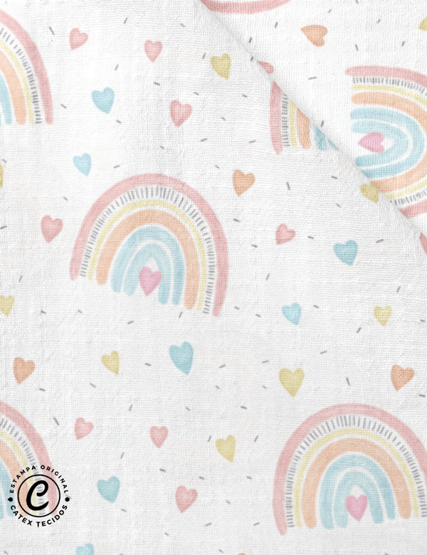 Tecido Toalha Fralda Estampada - Rainbow Hearts Candy Colors - 100% Algodão - 100cm x 70cm