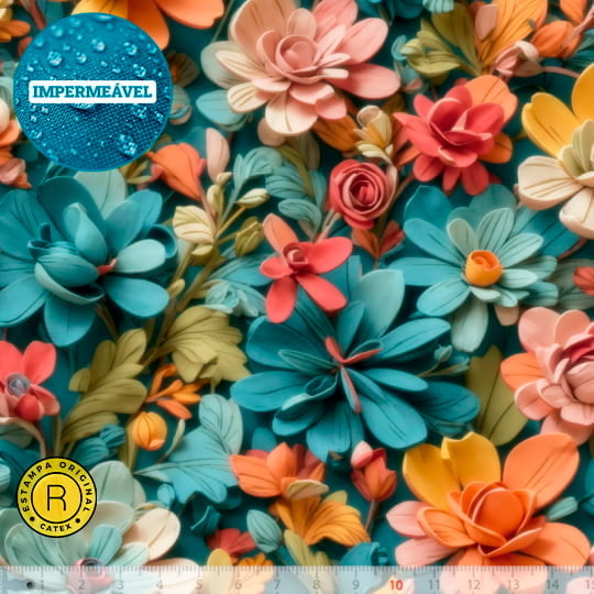 Tecido Sarja Impermeável Especial Coleção 3D - Floral 06 - 100% Algodão - Largura 1,50m