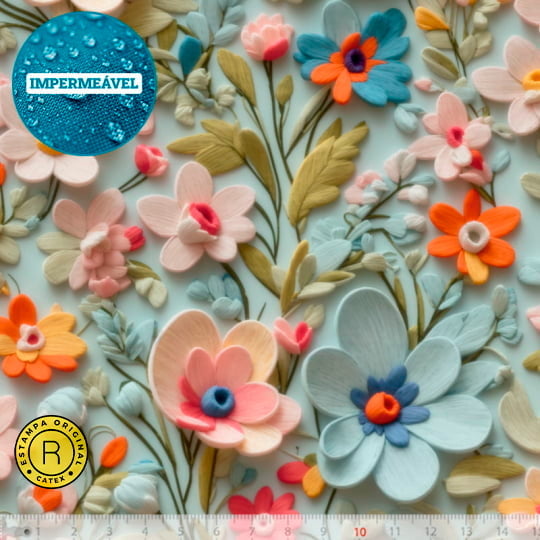 Tecido Sarja Impermeável Especial Coleção 3D - Floral 09 - 100% Algodão - Largura 1,50m