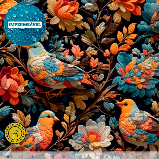 Tecido Sarja Impermeável Especial Coleção 3D - Floral 10 - Passarinhos Coloridos - 100% Algodão - Largura 1,50m