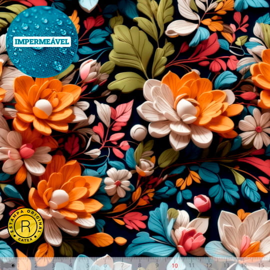 Tecido Sarja Impermeável Especial Coleção 3D - Floral 16 - 100% Algodão - Largura 1,50m