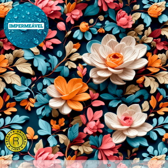 Tecido Sarja Impermeável Especial Coleção 3D - Floral 17 - 100% Algodão - Largura 1,50m