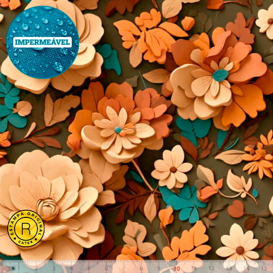 Tecido Sarja Impermeável Especial Coleção 3D - Floral 23 - 100% Algodão - Largura 1,50m