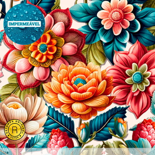 Tecido Sarja Impermeável Especial Coleção 3D - Floral Light - 100% Algodão - Largura 1,50m