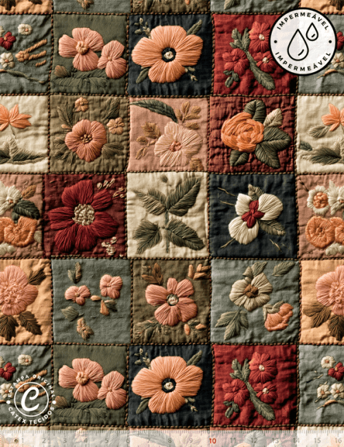 Tecido Sarja Impermeável Especial Coleção 3D - Floral Molduras Vintage - 100% Algodão - Largura 1,50m