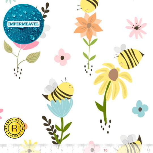 Tecido Sarja Impermeável Especial Coleção Bee Happy - Abelhas no Jardim - 100% Algodão - Largura 1,50m
