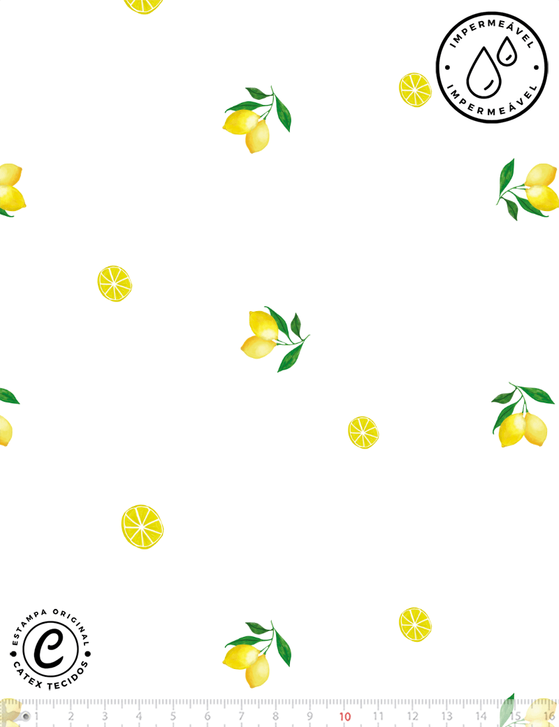 Tecido Sarja Impermeável Especial Coleção Frutas Aquarela - Mini Limão Siciliano - 100% Algodão - Largura 1,50m