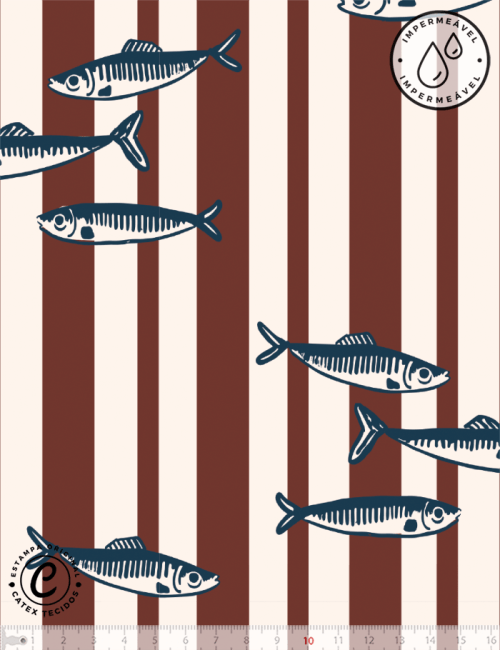 Tecido Sarja Impermeável Especial Coleção Frutos do Mar – Cardume de Sardinhas - 100% Algodão - Largura 1,50m