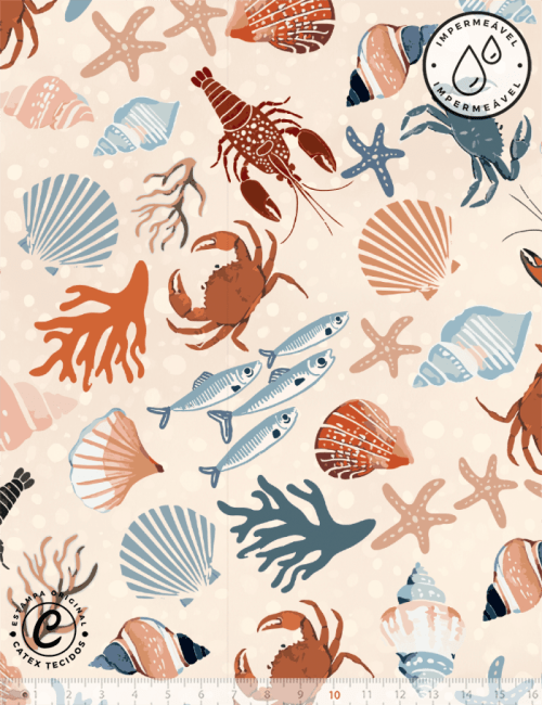 Tecido Sarja Impermeável Especial Coleção Frutos do Mar – Maré Cheia - 100% Algodão - Largura 1,50m