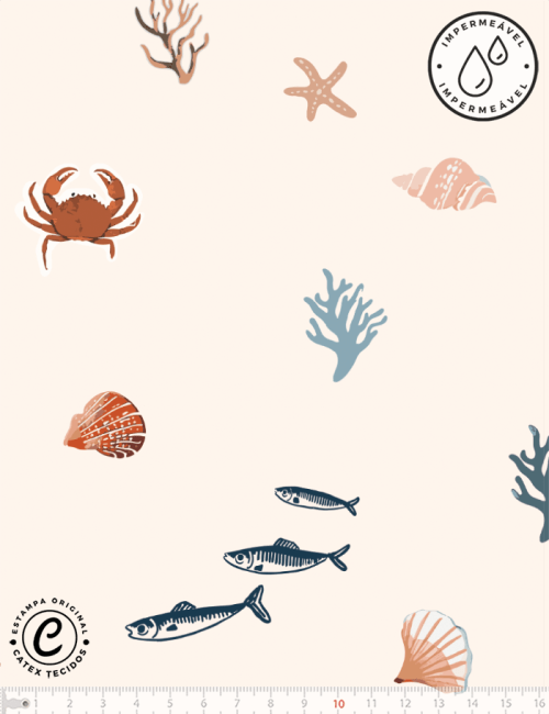 Tecido Sarja Impermeável Especial Coleção Frutos do Mar – Praia - 100% Algodão - Largura 1,50m 