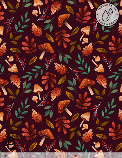 Tecido Sarja Impermeável Especial Coleção Inverno Boreal – Cogumelos Silvestres & Folhagens - 100% Algodão - Largura 1,50m