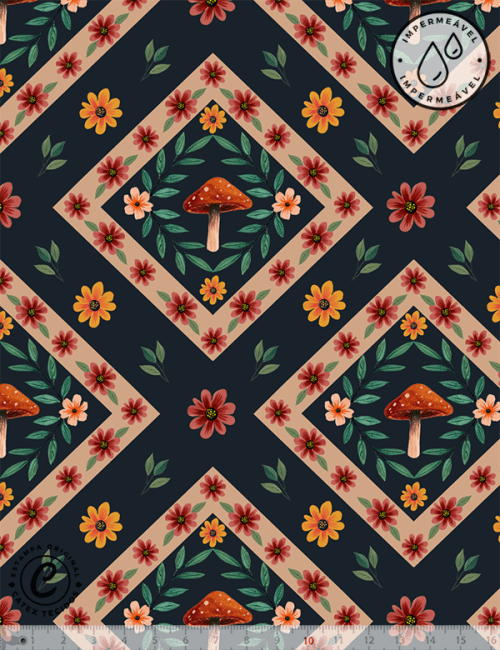 Tecido Sarja Impermeável Especial Coleção Inverno Boreal – Treliça Floral & Cogumelos - 100% Algodão - Largura 1,50m Tecido Sarja Impermeável Especial Coleção Inverno Boreal – Treliça Floral & Cogumelos - 100% Algodão - Largura 1,50m