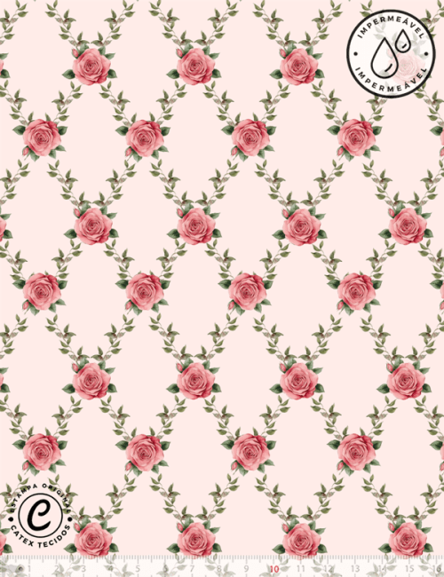Tecido Sarja Impermeável Especial Coleção Primavera Romântica - Trama de Rosas - 100% Algodão - Largura 1,50m