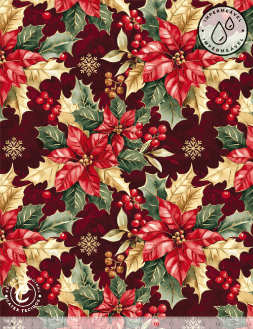 Tecido Sarja Impermeável Especial Coleção Tradições Natalinas - Floral Classe - E14716-  100% Algodão - Largura 1,50m