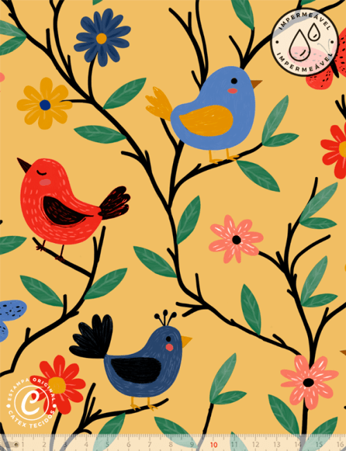 Tecido Sarja Impermeável Especial Linha Colorful Catex - Pássaros Coloridos - 100% Algodão - Largura 1,50m