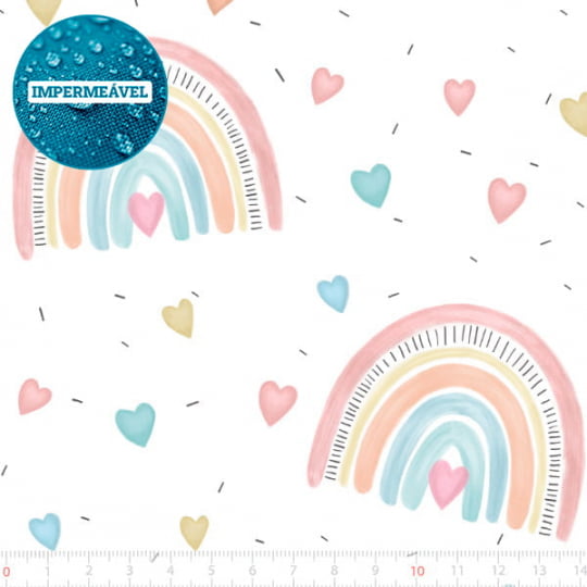 Tecido Sarja Impermeável Especial Rainbow Hearts Candy Colors - 100% Algodão - Largura 1,50m