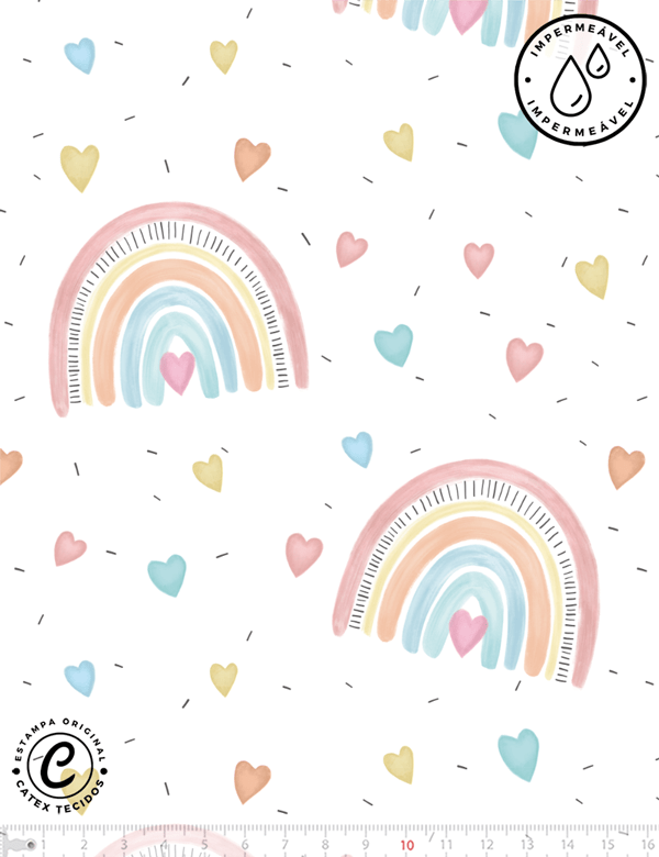 Tecido Sarja Impermeável Especial Rainbow Hearts Candy Colors - 100% Algodão - Largura 1,50m