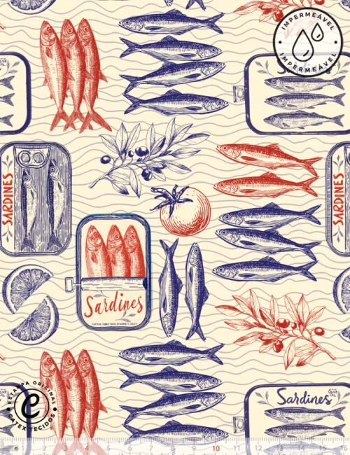 Tecido Sarja Impermeável Especial Sardines - Sardinha & Oliva - 100% Algodão - Largura 1,50m Tecido Sarja Impermeável Especial Sardines - Sardinha & Oliva - 100% Algodão - Largura 1,50m