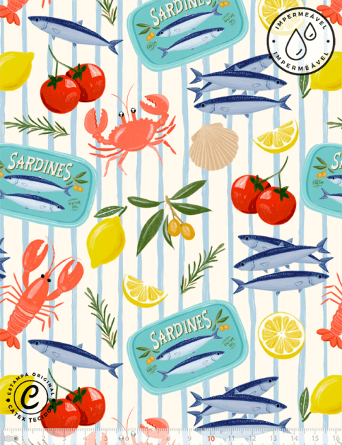 Tecido Sarja Impermeável Especial Sardines - Sardinha Pop - 100% Algodão - Largura 1,50m