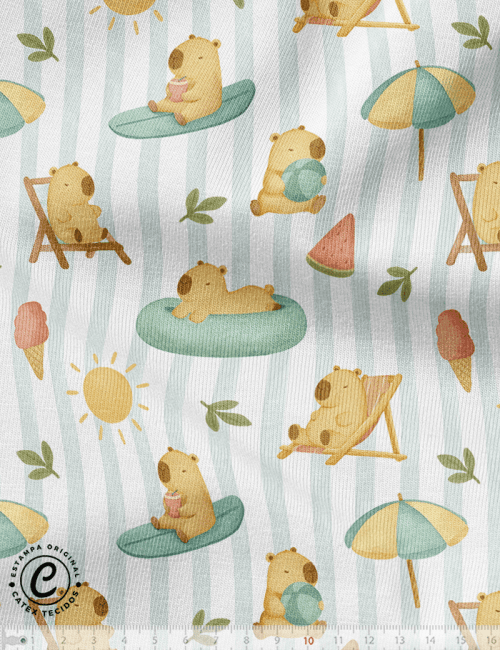 Tecido Flanela Baby Especial - Capivara Dia de Praia - 100% Algodão - Largura: 1,44m