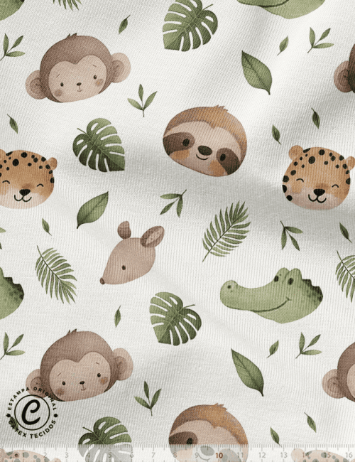 Tecido Flanela Baby Especial - Coleção Fauna Divertida - Rostinhos da Selva - 100% Algodão - Largura: 1,44m
