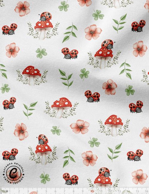 Tecido Flanela Baby Especial - Coleção Joaninha e Flores - Joaninha e Cogumelo - 100% Algodão - Largura: 1,44m