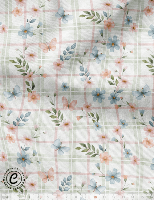 Tecido Flanela Baby Especial - Coleção Piquenique - Borboletas e Flores - 100% Algodão - Largura: 1,44m
