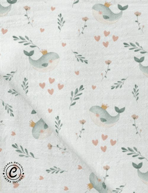 Tecido Fralda Estampada - Baleia - Corações - 100% Algodão - 70cm x 70cm