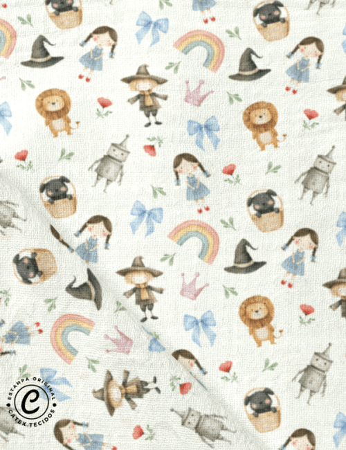 Tecido Fralda Estampada - Coleção Contos - O Mágico de Oz - Personagens - 100% Algodão - 70cm x 70cm