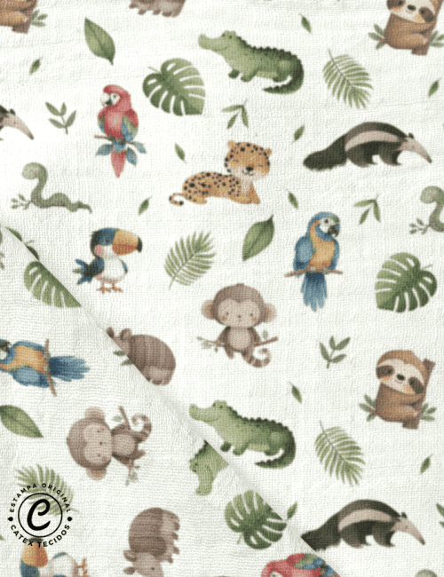 Tecido Fralda Estampada - Coleção Fauna Divertida - Aventuras na Mata - 100% Algodão - 70cm x 70cm Tecido Fralda Estampada - Coleção Fauna Divertida - Aventuras na Mata - 100% Algodão - 70cm x 70cm