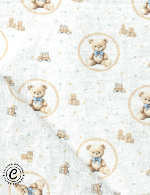 Tecido Fralda Estampada - Coleção Teddy Bear Boy - O Ursinho - 100% Algodão - 70cm x 70cm