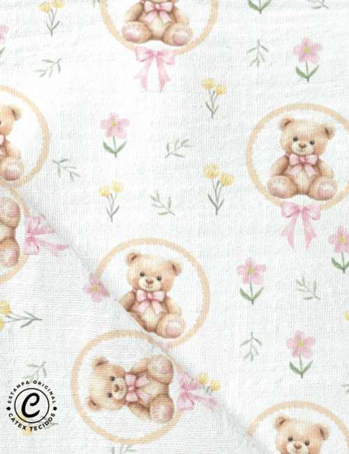 Tecido Fralda Estampada - Coleção Teddy Bear Girl - A Ursinha - 100% Algodão - 70cm x 70cm