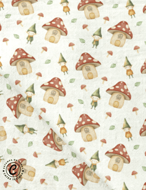 Tecido Fralda Estampada - Duendes e Cogumelos - 100% Algodão - 70cm x 70cm