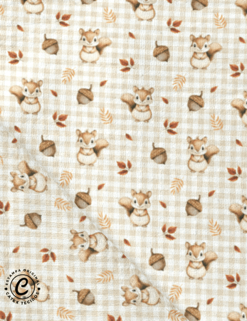 Tecido Fralda Estampada - Esquilo e Nozes - 100% Algodão - 70cm x 70cm