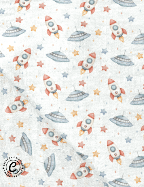 Tecido Fralda Estampada - Foguetes e Naves - 100% Algodão - 70cm x 70cm