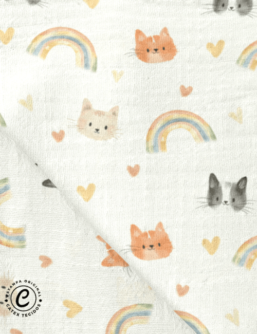 Tecido Fralda Estampada - Gatinhos em Aquarela - 100% Algodão - 70cm x 70cm