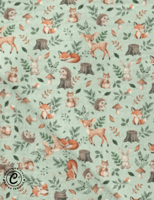 Tecido Fralda Estampada - Green Village - 100% Algodão - 70cm x 70cm
