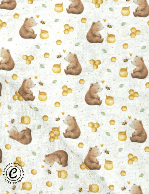 Tecido Fralda Estampada - Honey Bear - 100% Algodão - 70cm x 70cm