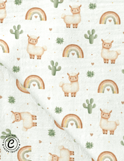 Tecido Fralda Estampada - Lhama Fofinha - 100% Algodão - 70cm x 70cm