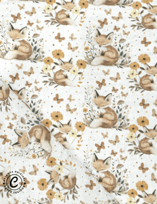 Tecido Fralda Estampada - Linda Raposa - Jardim - 100% Algodão - 70cm x 70cm