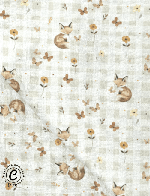 Tecido Fralda Estampada - Linda Raposa - Xadrez - 100% Algodão - 70cm x 70cm