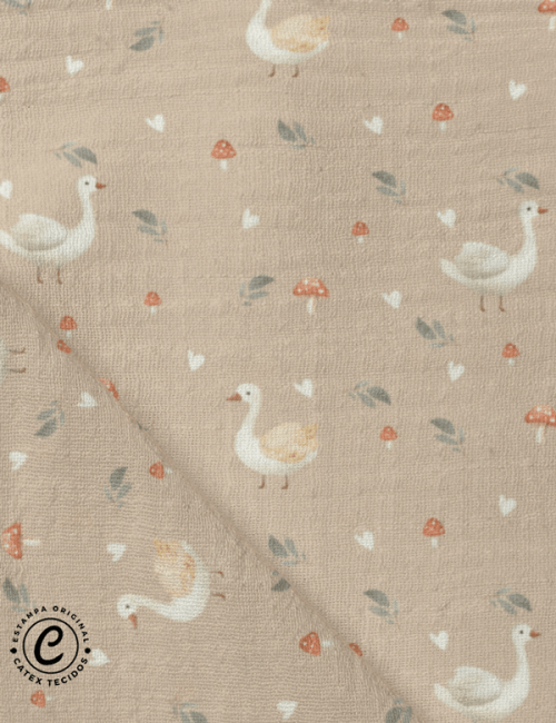 Tecido Fralda Estampada - O Patinho - Composê - 100% Algodão - 70cm x 70cm