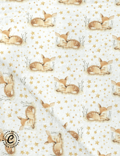 Tecido Fralda Estampada - Pequeno Cervo - 100% Algodão - 70cm x 70cm