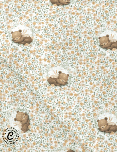 Tecido Fralda Estampada - Pequeno Urso - Jardim - 100% Algodão - 70cm x 70cm
