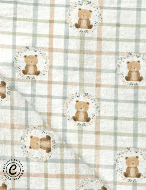 Tecido Fralda Estampada - Pequeno Urso - Xadrez - 100% Algodão - 70cm x 70cm