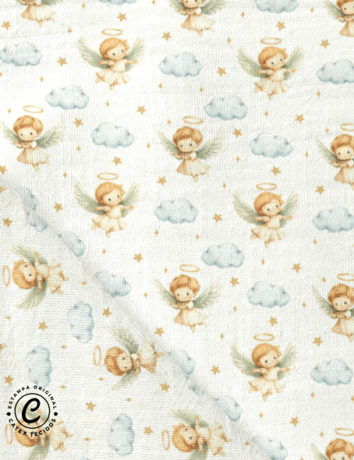 Tecido Fralda Estampada - Pequenos Anjos - 100% Algodão - 70cm x 70cm