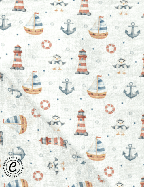 Tecido Fralda Estampada - Porto Farol - 100% Algodão - 70cm x 70cm