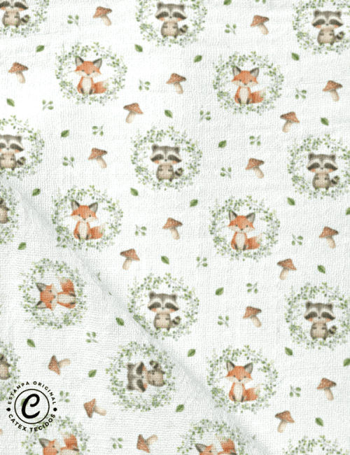 Tecido Fralda Estampada - Raposa e Guaxinim - 100% Algodão - 70cm x 70cm
