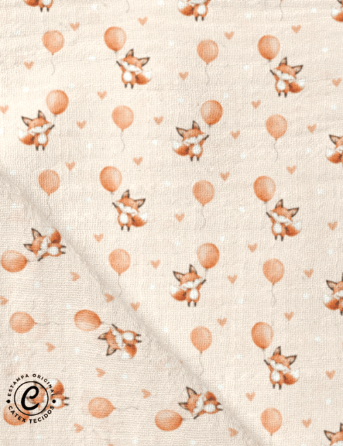 Tecido Fralda Estampada - Raposinha e Balões - 100% Algodão - 70cm x 70cm