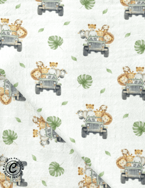 Tecido Fralda Estampada - Um Passeio no Safári - 100% Algodão - 70cm x 70cm